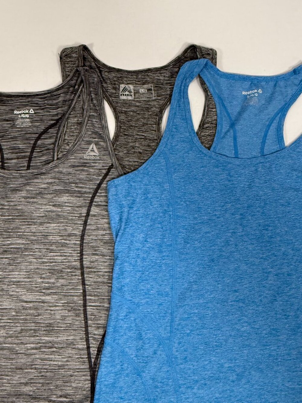 Lot of 3 Reebok RBX Heathered Gray Blue Racerback Athletic Tank Tops Size L Larg